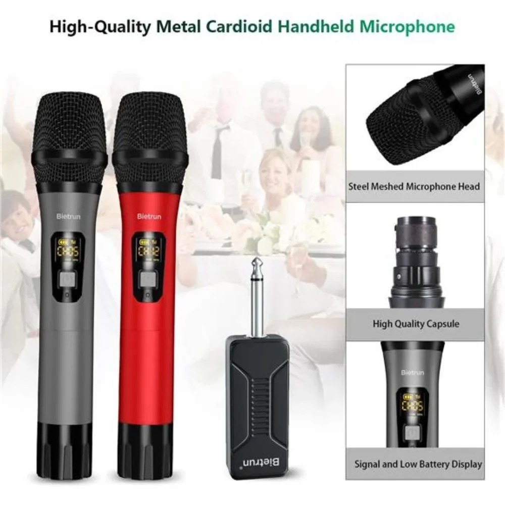 Wireless Microphone, Bietrun UHF Metal Dual Handheld Cordless Dynamic Mic System